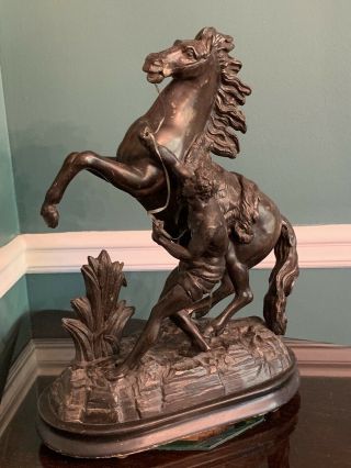 Antique Early 1900’s Spelter Marley Horse And Man Statue 17” Tall