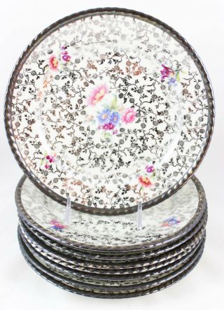 Set 8 Plates Rw Bavaria Rudolf Wachter China " Feinsilber " Lavish Silver Flowers