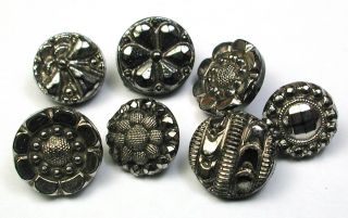 Bb 7 Antique Black Glass Buttons Various Dimis W Silver Luster 1/4 To 5/16 "