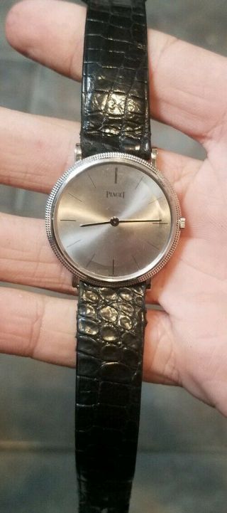 Vintage Piaget 18k White Gold Silver Dial Black Leather Automatic 31mm Watch