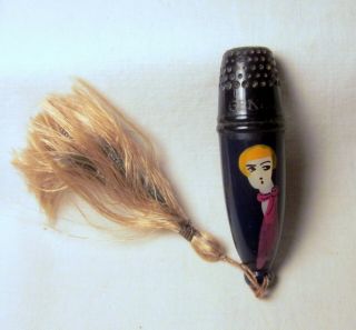 Antique Deco Celluloid Sewing Kit Etui With Painted Lady And Tassel 3 Day Nr