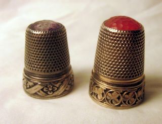 Pr Antique Continental 800 Silver Shamrock French Stone Top Thimbles 3 Day Nr