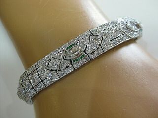 Spectacular True Antique Art Deco 9.  65 Carat Diamond Emerald Platinum Bracelet