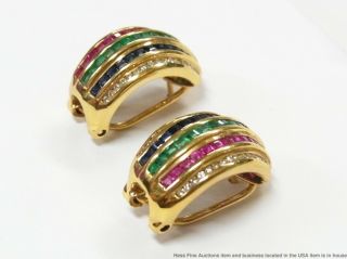 LeVian 18k Gold Earrings Diamond Natural Emerald Ruby Sapphire Vintage Hoops 2