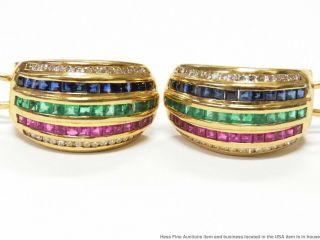 LeVian 18k Gold Earrings Diamond Natural Emerald Ruby Sapphire Vintage Hoops 8