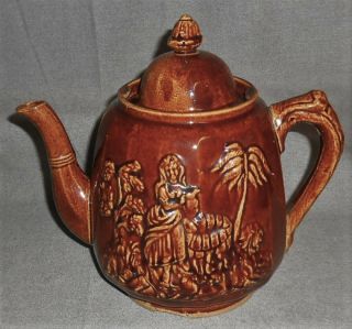 Antique 1850s - 60s Bennington Rockingham Rebekah At The Well Stoneware Teapot