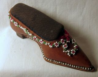 Antique Victorian Beaded Leather Shoe Form Pin Cushion 3 Day Nr