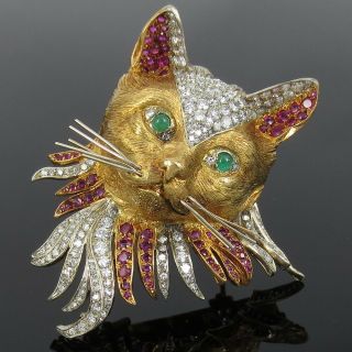 Vintage 4.  0ct Diamond 2.  0ct Ruby & Emerald 18k Gold Hand Carved Cat Brooch