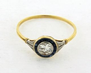 Art Deco.  40 Center Diamond Halo Sapphires 18k Yellow Gold Ring