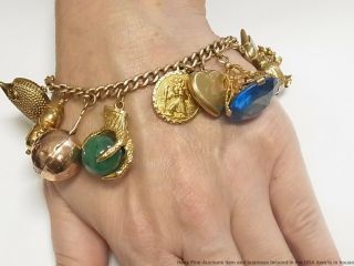 Antique 9k Gold Long Charm Bracelet w Victorian Heart Locket Jade Masonic 67gr 12