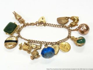 Antique 9k Gold Long Charm Bracelet W Victorian Heart Locket Jade Masonic 67gr