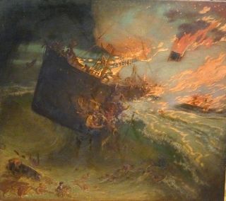 Huge 19th Century Symbolist Burning Of The Voltaire Ship Marine Oil Painting