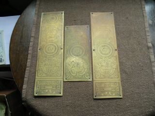 3 X Antique / Vintage Brass Finger Door Plates,  2 X 31 X 8.  7cm & 1 X 20 X 8.  8cm