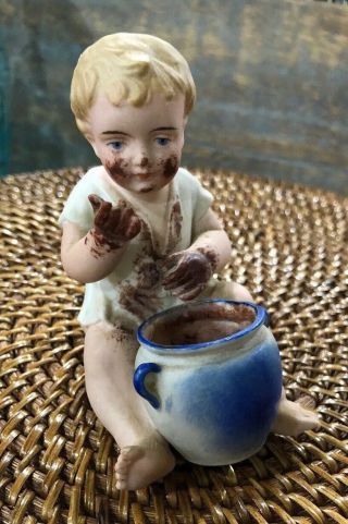 Vintage Porcelain Bisque Figurine Boy With Blue Pot Eating Dirt Spill Vase