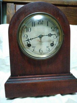 Antique Rare Waterbury Elmont Round Gothic Oak 8 Day Mantle Clocks