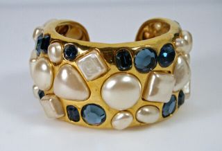 Rare Vntg Chanel Faux Pearls W/faceted Faux Sapphires Cuff Bracelet 7.  1 " X1.  75 "
