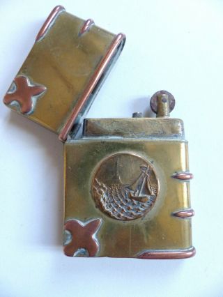Large Antique French Wwi Book Trench Art Pocket Lighter (n10)