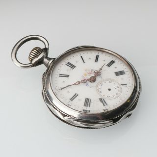 Vintage Silver Floral Pattern Porcelain Dial Pocket Watch Interesting Case Parts 2