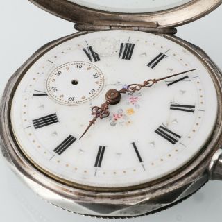 Vintage Silver Floral Pattern Porcelain Dial Pocket Watch Interesting Case Parts 6