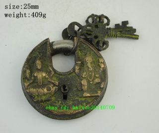 Old China Palace Bronze Statue 2 Buddha Round Door Lock Unlocking Key B02