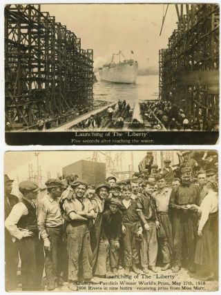 Wwi Era Us Shipyard Workers Receiving Prize - 2 Ca 1918 Photo Postcards