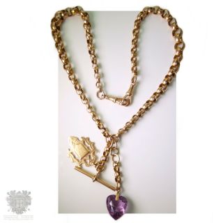 Antique Solid 9k Gold Albert Watch Chain Necklace Fob & Puffy Heart Amethyst