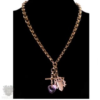 Antique solid 9k gold albert watch chain necklace fob & puffy heart amethyst 2