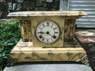 Antique Waterbury Clock Co Mantle Clock Yellow Faux Marble Finish Columns Lions 7