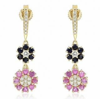 1.  21ct Diamond & Aaa Blue & Pink Sapphire 14k Yellow Gold Double Flower Earrings