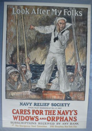 Large 1917 - 1918 Navy Relief Society Wwi World War I Poster York