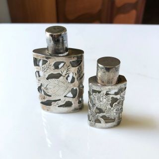 2 Vintage Perfume Bottles Mexico Sterling Silver Glass Floral Engraved Signed