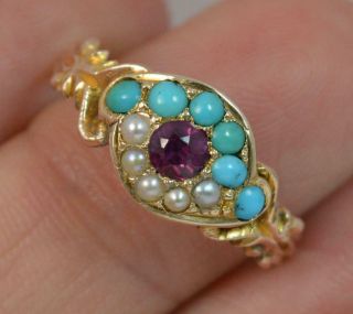 Victorian 15ct Gold Garnet Pearl & Turquoise All Seeing Eye Cluster Ring T0411