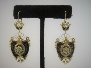 Antique 14k Statement Dangle Earrings Enamel Tracery Taille D’epargné Turquoise