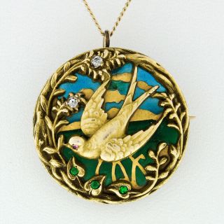 Art Nouveau Riker Bros.  Plique - A - Jour Enamel Swallow & Foliage Pendant Necklace