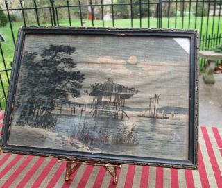 Antique Chinese Watercolor Ink Painting On Fabric Framed Junk Boat Pergola Water