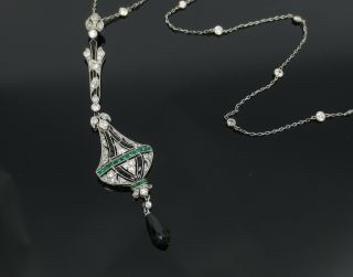 Art Deco 2.  75ct Diamond 1.  0ct Old Cut Emerald & Onyx Platinum Filigree Necklace