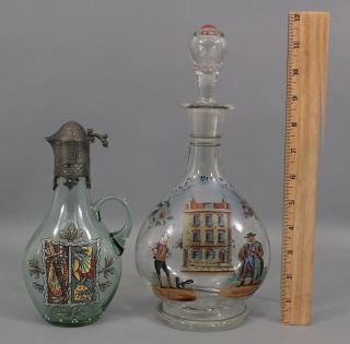 2 Antique Hand Blown Decanter Bottles Enamel Painting Dickens Tony & Sam Weller