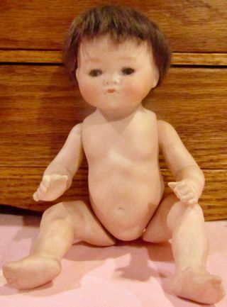 7 " Antique German Closed Mouth Doll Extremely Rare Wigged All Bisque Tynie Baby