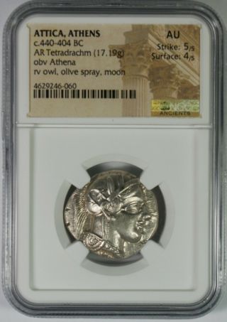 Ancient Attica Athens 440 - 404 BC Athena Owl Tetradrachm Silver Coin NGC AU 3