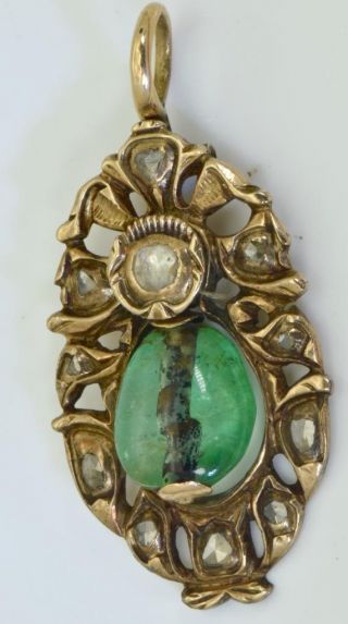 Antique 18th Century Ottoman 9k Gold,  2ct Emerald&rose Cut Diamonds Pendant