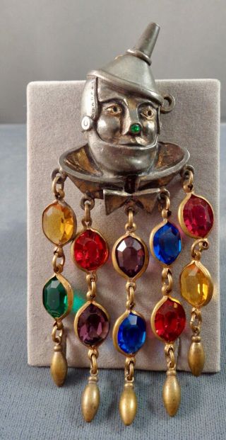 Unusual Vintage Tin Man Wizard Of Oz Brooch W/ Dangle Crystals Unsigned 40s