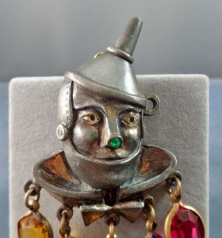 Unusual Vintage Tin Man Wizard of OZ Brooch w/ Dangle Crystals Unsigned 40s 3