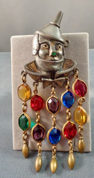 Unusual Vintage Tin Man Wizard of OZ Brooch w/ Dangle Crystals Unsigned 40s 5
