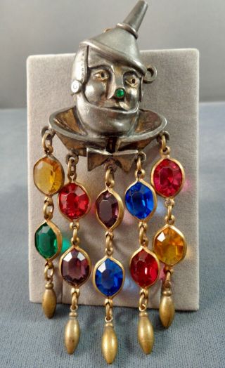 Unusual Vintage Tin Man Wizard of OZ Brooch w/ Dangle Crystals Unsigned 40s 6
