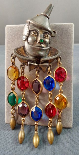 Unusual Vintage Tin Man Wizard of OZ Brooch w/ Dangle Crystals Unsigned 40s 7