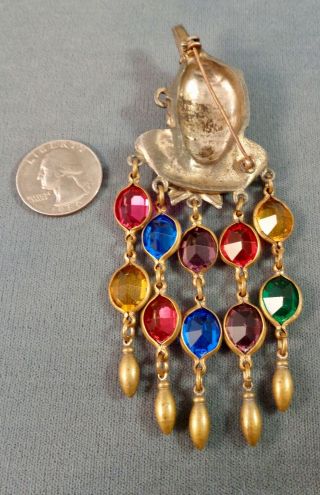 Unusual Vintage Tin Man Wizard of OZ Brooch w/ Dangle Crystals Unsigned 40s 9