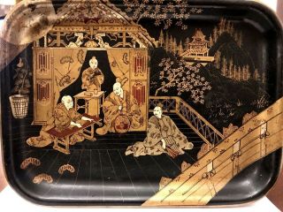 Antique French Papier Mache Chinoiserie Hand Painted Gilt Tray Japonaise