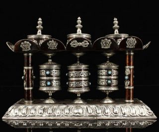 Collect Antique Tibet Silver & Red Copper Carve Prayer Wheel Bring Luck Statue