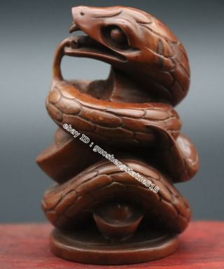 7 Cm China Boxwood Handwork Zodiac Wealth Fengshui Animal Snake Serpent Statue