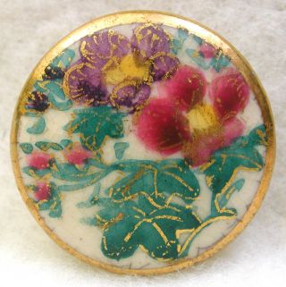 Bb Vintage Satsuma Button Colorful Floral With Gold - Pretty 13/16 "